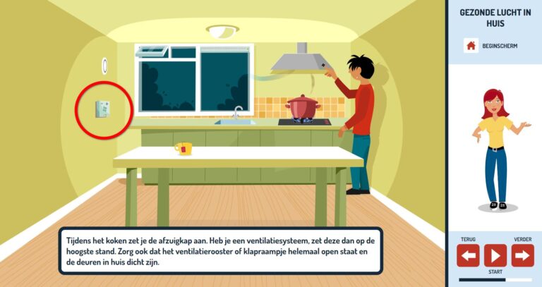 Animatie van man die afzuigkap aanzet tijdens koken en ventilatie hoger.